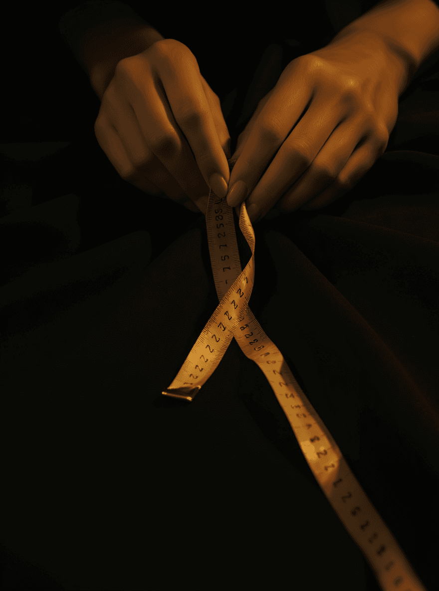 Bespoke tailoring craft — measuring tape on black crepe